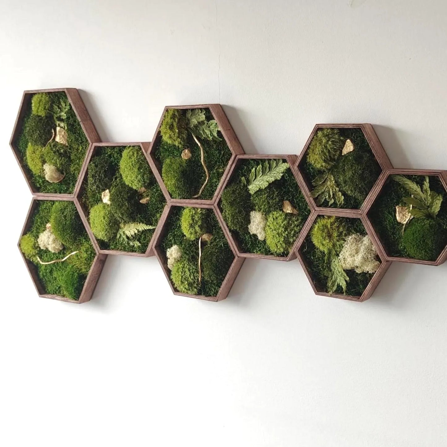 Zestaw 9 sześciokątów z mchu i złota | Hexagons Gold