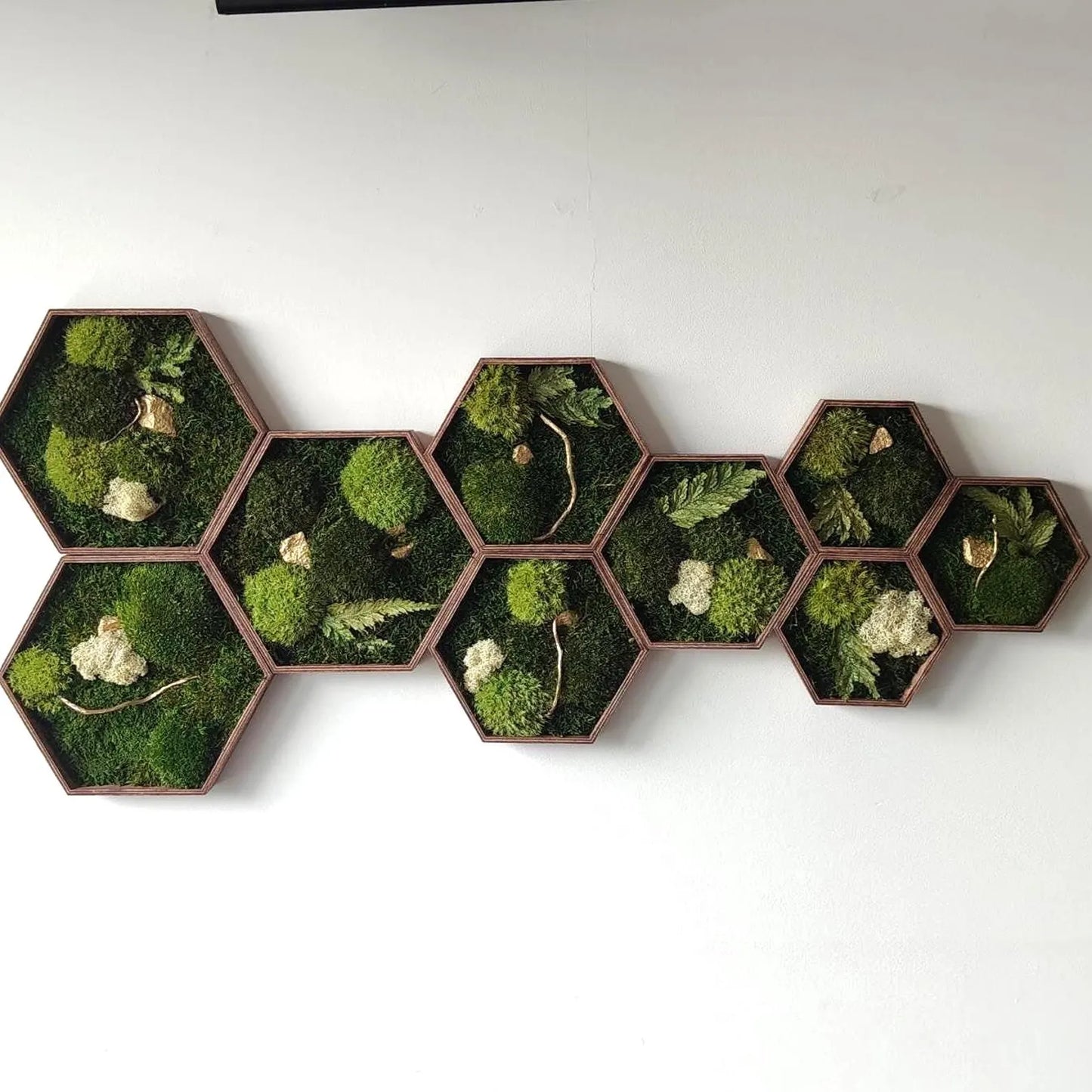 Zestaw 9 sześciokątów z mchu i złota | Hexagons Gold
